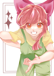 Size: 2894x4093 | Tagged: safe, artist:dbbest, derpibooru import, apple bloom, human, clothes, grin, humanized, looking at you, offscreen character, overalls, pov, shirt, smiling, solo, t-shirt