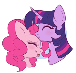 Size: 932x891 | Tagged: safe, artist:lulubell, derpibooru import, pinkie pie, twilight sparkle, twilight sparkle (alicorn), alicorn, earth pony, pony, bust, cute, eyes closed, female, forehead kiss, kissing, lesbian, mare, shipping, simple background, tongue, tongue out, twinkie, white background