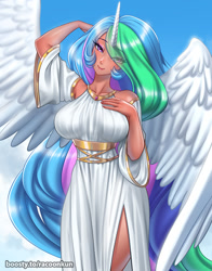 Size: 943x1200 | Tagged: safe, artist:racoonsan, derpibooru import, princess celestia, human, bare shoulders, big breasts, breasts, clothes, dress, eye clipping through hair, hair over one eye, horn, horned humanization, humanized, looking at you, princess breastia, smiling, smiling at you, solo, winged humanization, wings