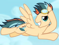 Size: 4096x3072 | Tagged: artist needed, source needed, safe, derpibooru import, oc, oc only, oc:turbo swifter, pegasus, pony, base used, cloud, flying, goggles, grin, high res, looking at you, male, pegasus oc, sky, sky background, smiling, smiling at you, solo, spread wings, stallion, teeth, wings