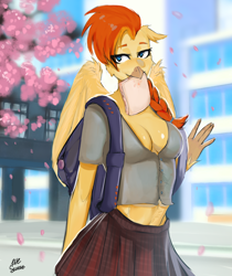 Size: 3284x3916 | Tagged: safe, artist:melkaya, derpibooru import, oc, oc only, oc:goldenflow, anthro, classical hippogriff, hippogriff, absolute cleavage, anthro oc, backpack, braid, breasts, cherry blossoms, cleavage, clothes, detailed background, female, flower, flower blossom, hippogriff oc, midriff, school uniform, schoolgirl, schoolgirl toast, skirt, solo, wings