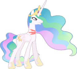 Size: 708x636 | Tagged: artist needed, safe, derpibooru import, princess celestia, alicorn, pony, angry, crown, fanfic art, female, folded wings, full body, gritted teeth, hoof shoes, hooves, horn, injured, jewelry, mare, regalia, scar, simple background, solo, spoiler, standing, teeth, transparent background, wings
