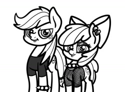 Size: 1472x1084 | Tagged: safe, artist:ewoudcponies, derpibooru import, apple bloom, applejack, earth pony, pony, clothes, collar, ear piercing, female, filly, foal, makeup, mare, nose piercing, piercing, shirt, siblings, sisters, spiked collar, t-shirt