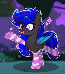 Size: 2392x2712 | Tagged: safe, artist:scarffist, derpibooru import, oc, oc only, oc:ebony rose, bat pony, pony, bat pony oc, bat wings, bipedal, blurry background, bush, chest fluff, clothes, commission, commissioner:wolfgangrd, ear fluff, ear tufts, ears, eyelashes, fangs, female, folded wings, freckles, full body, grass, high res, mare, night, open mouth, open smile, outline, raised hoof, raised leg, shadow, signature, slit eyes, smiling, socks, solo, sparkles, standing, striped socks, tree, wings