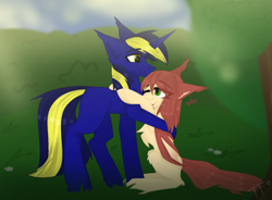 Size: 1515x1115 | Tagged: source needed, safe, artist:teafox, derpibooru import, oc, oc only, oc:airi, oc:vajr, bat pony, pony, unicorn, duo, hug, oc x oc, shipping