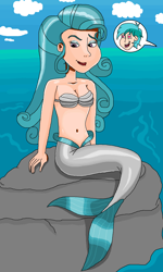 Size: 986x1643 | Tagged: safe, artist:ocean lover, derpibooru import, sandbar, swift foot, human, mermaid, barely eqg related, belly button, bra, clothes, cloud, fish tail, green hair, heart eyes, human coloration, humanized, in love, lidded eyes, lips, mermaid tail, mermaidized, mermay, midriff, ocean, open mouth, outdoors, pose, purple eyes, rock, seashell bra, sexy, shiny skin, sky, species swap, tail, teenager, underwear, water, wingding eyes