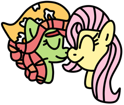 Size: 969x819 | Tagged: safe, artist:jadeharmony, derpibooru import, fluttershy, tree hugger, earth pony, pegasus, pony, bandana, boop, bust, duo, eyes closed, female, flutterhugger, lesbian, mare, noseboop, shipping, simple background, transparent background