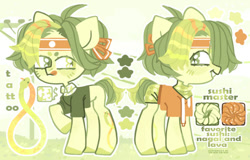 Size: 600x383 | Tagged: safe, artist:angrypumpkin1, artist:idkhesoff, derpibooru import, earth pony, pony, :p, blushing, clothes, coat markings, food, grin, headband, hoodie, male, raised hoof, raised leg, reference sheet, shirt, shorts, smiling, solo, stallion, stars, sushi, tattoo, tongue, tongue out