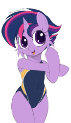 Size: 800x1380 | Tagged: safe, artist:fajnyziomal, derpibooru import, twilight sparkle, unicorn twilight, pony, semi-anthro, unicorn, alternate hairstyle, cheek fluff, clothes, commission, female, mare, one-piece swimsuit, open mouth, open smile, punklight sparkle, simple background, smiling, solo, swimsuit, white background, your character here