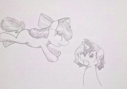 Size: 640x449 | Tagged: safe, artist:up_p_ab, derpibooru import, apple bloom, oc, oc:eel, earth pony, pony, unicorn, female, filly, foal, jumping, male, sketch, stallion, traditional art