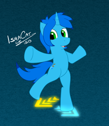 Size: 1364x1580 | Tagged: safe, artist:ismazhecat, derpibooru import, oc, oc only, unicorn, arrow, bipedal, blue, looking at you, pointing at you, raised hoof, raised leg, simple background, smiling