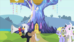 Size: 1280x720 | Tagged: safe, artist:mlp-silver-quill, derpibooru import, caesar, fancypants, fleur-de-lis, lyrica lilac, oc, oc:silver quill, after the fact, after the fact:castle sweet castle, clothes, count caesar, hat, megaphone, monocle, ponyville, suit, top hat, tour guide, twilight's castle