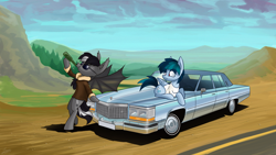 Size: 1920x1080 | Tagged: safe, artist:dori-to, derpibooru import, oc, oc only, oc:delta vee, bat pony, pegasus, pony, alcohol, bomber jacket, cadillac, cadillac sedan deville, car, clothes, jacket, sunglasses