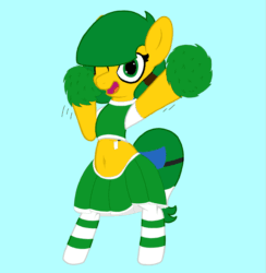 Size: 1169x1200 | Tagged: safe, artist:jerkface, oc, oc only, oc:blocky bits, earth pony, pony, animated, belly button, bipedal, cheerleader, gif, looking at you, one eye closed, solo, wink