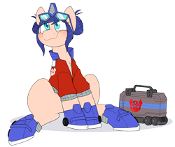 Size: 2064x1742 | Tagged: safe, artist:2k.bugbytes, earth pony, pony, clothes, crossover, female, goggles, jacket, kotobukiya, mare, optimus prime, ponified, rule 63, shoes, simple background, sitting, smiling, solo, toolbox, transformers, transparent background