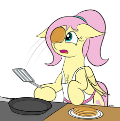 Size: 2138x2160 | Tagged: safe, artist:wapamario63, fluttershy, pegasus, pony, alternate hairstyle, apron, chest fluff, clothes, cute, female, flat colors, food, frying pan, mare, open mouth, pancakes, ponytail, simple background, solo, this will end in pain, transparent background