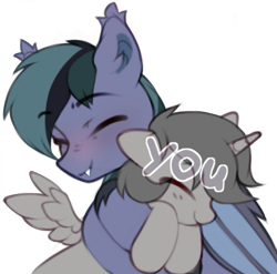 Size: 609x602 | Tagged: safe, artist:astralblues, derpibooru import, oc, oc only, oc:scrimmy, bat pony, pony, bat pony oc, bat wings, commission, eyes closed, fangs, hug, male, simple background, smiling, stallion, transparent background, unshorn fetlocks, wings, your character here