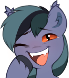 Size: 538x611 | Tagged: safe, artist:astralblues, derpibooru import, oc, oc only, oc:scrimmy, bat pony, pony, bat pony oc, fangs, laughing, looking at you, male, open mouth, simple background, solo, stallion, transparent background, unshorn fetlocks