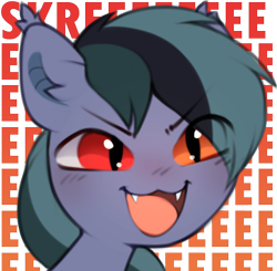 Size: 612x600 | Tagged: safe, artist:astralblues, derpibooru import, oc, oc only, oc:scrimmy, bat pony, pony, >:d, bat pony oc, cute, ear fluff, ears, fangs, heterochromia, male, ocbetes, open mouth, simple background, skree, solo, stallion, text, transparent background