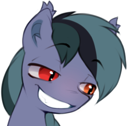 Size: 602x594 | Tagged: safe, artist:astralblues, derpibooru import, oc, oc only, oc:scrimmy, bat pony, pony, bat pony oc, ear fluff, ears, fangs, gritted teeth, heterochromia, male, simple background, smug, solo, stallion, teeth, transparent background