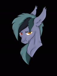 Size: 1536x2048 | Tagged: safe, artist:darumemay, derpibooru import, oc, oc only, oc:scrimmy, bat pony, pony, bat pony oc, black background, bust, ear fluff, ears, eyebrows, fangs, heterochromia, looking at you, male, portrait, simple background, solo, stallion