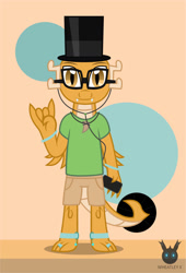 Size: 874x1284 | Tagged: safe, artist:wheatley r.h., derpibooru exclusive, derpibooru import, oc, oc only, oc:myoozik the dragon, dragon, anklet, bracelet, cellphone, clothes, dragon oc, front view, glasses, hat, headphones, jewelry, male, phone, ring, shirt, shorts, solo, top hat, vector, watermark, wings