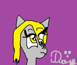 Size: 656x560 | Tagged: safe, artist:lunablu3berry, derpibooru import, derpy hooves, pegasus, pony, 1000 hours in ms paint, :3, derp, female, mare, purple background, simple background, smiling, solo, text