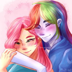 Size: 3000x3000 | Tagged: safe, artist:rmariansj, derpibooru import, fluttershy, rainbow dash, equestria girls, blushing, duo, female, flutterdash, hug, lesbian, shipping