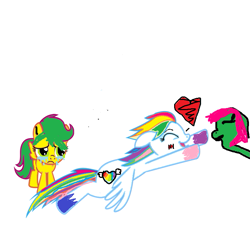 Size: 715x681 | Tagged: safe, artist:lunablu3berry, derpibooru import, oc, oc only, oc:greener pastel, oc:jade, oc:rainbow heart, earth pony, pegasus, pony, 1000 hours in ms paint, crying, ears, eyes closed, female, filly, floppy ears, foal, mare, sad, simple background, smiling, spread wings, super filly adventure, white background, wings