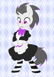 Size: 2019x2854 | Tagged: safe, alternate version, artist:scarlet-spectrum, derpibooru import, part of a set, oc, oc only, oc:haze rad, pony, unicorn, :o, abstract background, alternate character, apron, bipedal, blushing, bowtie, clothes, colored hooves, commission, commissioner:biohazard, crossdressing, cute, dress, high res, highlights, horn, looking at something, looking down, maid, male, open mouth, purple eyes, socks, solo, stallion, striped socks, surprised, unicorn oc, unshorn fetlocks, ych result