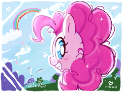 Size: 933x710 | Tagged: safe, artist:fipoki, derpibooru import, pinkie pie, earth pony, pony, balloon, bust, cute, diapinkes, female, looking back, mare, portrait, question mark, rainbow, smiling, solo