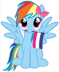 Size: 560x675 | Tagged: safe, derpibooru import, rainbow dash, pegasus, pony, blushing, bow, cute, dashabetes, mouth hold, pride, pride flag, simple background, sitting, spread wings, straight pride flag, vector, white background, wings