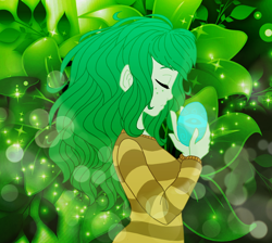 Size: 1024x918 | Tagged: safe, artist:sorrowfuldownpour, derpibooru import, wallflower blush, better together, equestria girls, forgotten friendship, a friendship to remember, eyes closed, female, green, memory stone, solo, wallflower and plants