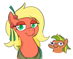 Size: 503x405 | Tagged: safe, artist:jargon scott, derpibooru import, oc, oc only, oc:bahama nectar, oc:papaya nectar, earth pony, pony, colored pupils, duo, female, filly, foal, freckles, looking at each other, mare, mother and child, mother and daughter, parent and child, simple background, smiling, smiling at each other, squatpony, white background