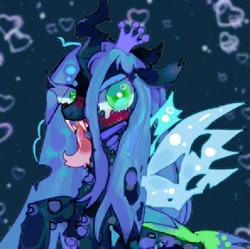 Size: 1024x1020 | Tagged: safe, artist:bug-roux, derpibooru import, queen chrysalis, changeling, changeling queen, blue background, female, heart, looking at you, mare, simple background, solo, tongue, tongue out