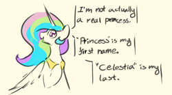 Size: 1800x1000 | Tagged: safe, artist:manicpanda, derpibooru import, princess celestia, alicorn, pony, dialogue, female, hoof on chest, mare, simple background, solo, talking to viewer, yellow background