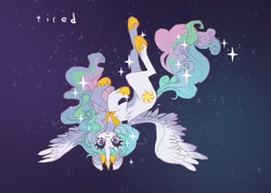 Size: 1195x850 | Tagged: safe, artist:soaomyu, derpibooru import, princess celestia, alicorn, pony, looking at you, solo, sparkles, spread wings, upside down, wide eyes, wings