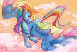 Size: 4096x2803 | Tagged: safe, artist:jaynsparkle, derpibooru import, rainbow dash, pegasus, pony, chest fluff, cloud, colored wings, colored wingtips, female, flying, g5 concept leak style, lidded eyes, looking at you, mare, multicolored wings, rainbow wings, smiling, solo, spread wings, wings