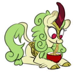 Size: 1578x1479 | Tagged: safe, artist:nonameorous, derpibooru import, spring glow, kirin, sounds of silence, bowl, food, green hair, looking down, noodle, noodle bowl, noodles, pink eyes, simple background, sitting, solo, transparent background