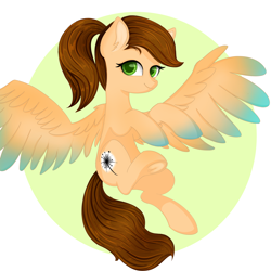 Size: 4050x4050 | Tagged: safe, artist:bellfa, derpibooru import, oc, oc only, oc:sunrise, pegasus, pony, brown hair, colored pupils, cute, ear fluff, ears, eyelashes, feathered wings, female, flying, frog (hoof), full body, green eyes, looking at you, mare, ponytail, simple background, smiling, smiling at you, solo, spread wings, sticker, underhoof, wings