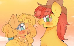 Size: 1024x635 | Tagged: safe, artist:bug-roux, derpibooru import, bright mac, pear butter, earth pony, pony, brightbutter, cowboy hat, duo, eye clipping through hair, female, hat, looking at each other, looking at someone, male, mare, shipping, stallion, straight