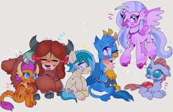 Size: 1556x1008 | Tagged: safe, artist:bug-roux, derpibooru import, gallus, ocellus, sandbar, silverstream, smolder, yona, changedling, changeling, classical hippogriff, dragon, earth pony, griffon, hippogriff, pony, yak, bow, cloven hooves, colored hooves, dragoness, eyes closed, female, flying, folded wings, hair bow, implied gallbar, implied gay, implied shipping, jewelry, looking at someone, lying down, male, monkey swings, necklace, one eye closed, onomatopoeia, prone, simple background, sitting, sleeping, sound effects, stallion, student six, teenager, white background, wings, wink, zzz