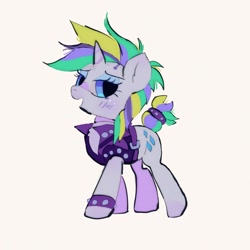 Size: 1024x1024 | Tagged: safe, artist:bug-roux, derpibooru import, rarity, pony, unicorn, alternate hairstyle, bracelet, clothes, female, horn, jewelry, lidded eyes, mare, punk, raripunk, simple background, solo, white background