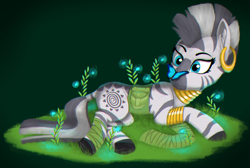 Size: 2304x1544 | Tagged: safe, artist:enteryourponyname, derpibooru import, zecora, butterfly, zebra, bag, bandage, female, lying, plant, saddle bag, simple background, solo