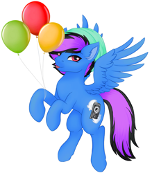 Size: 2783x3179 | Tagged: safe, alternate version, artist:bellfa, derpibooru import, oc, oc only, pegasus, pony, :p, balloon, beanie, ear fluff, ears, eyelashes, feathered wings, full body, hat, high res, looking at you, male, original art, pink eyes, purple hair, raised leg, simple background, smiling, smiling at you, solo, spread wings, stallion, standing, tongue, tongue out, white background, wings