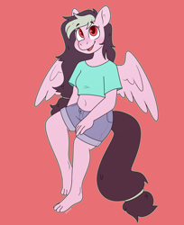 Size: 3170x3881 | Tagged: safe, artist:retromochi, derpibooru import, oc, oc:galactic lights, anthro, pegasus, plantigrade anthro, anthro oc, barefoot, belly button, clothes, feet, female, happy, mare, midriff, open mouth, open smile, pegasus oc, red background, short shirt, shorts, simple background, smiling, solo, toes, wings