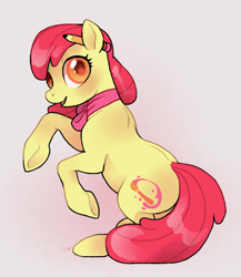 Size: 646x743 | Tagged: safe, artist:zombiedoggy, derpibooru import, apple bloom, earth pony, pony, adorabloom, alternate cutie mark, blushing, bowtie, cute, female, filly, foal, pencil, pencil behind ear, raised hoof, raised leg, solo