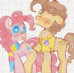 Size: 1024x1007 | Tagged: safe, artist:bug-roux, derpibooru import, cheese sandwich, pinkie pie, earth pony, pony, cheesepie, clothes, duo, female, gender headcanon, looking at you, male, mare, mouthpiece, one eye closed, pansexual pride flag, pride, pride flag, scarf, shipping, simple background, stallion, straight, striped scarf, tongue, tongue out, transgender pride flag, white background, wink, winking at you