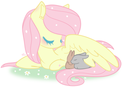 Size: 1981x1413 | Tagged: safe, artist:computershits, derpibooru import, fluttershy, pegasus, pony, rabbit, animal, blushing, eyes closed, female, flower, flower in hair, grass, hoof heart, lying down, mare, simple background, sleeping, solo, spread wings, white background, wings