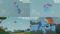 Size: 1280x720 | Tagged: safe, derpibooru import, edit, edited screencap, editor:quoterific, screencap, rainbow dash, pegasus, pony, season 2, the mysterious mare do well, betrayed, eyes closed, female, flying, heartbreaking, mare, open mouth, open smile, smiling, solo, spread wings, text, wings